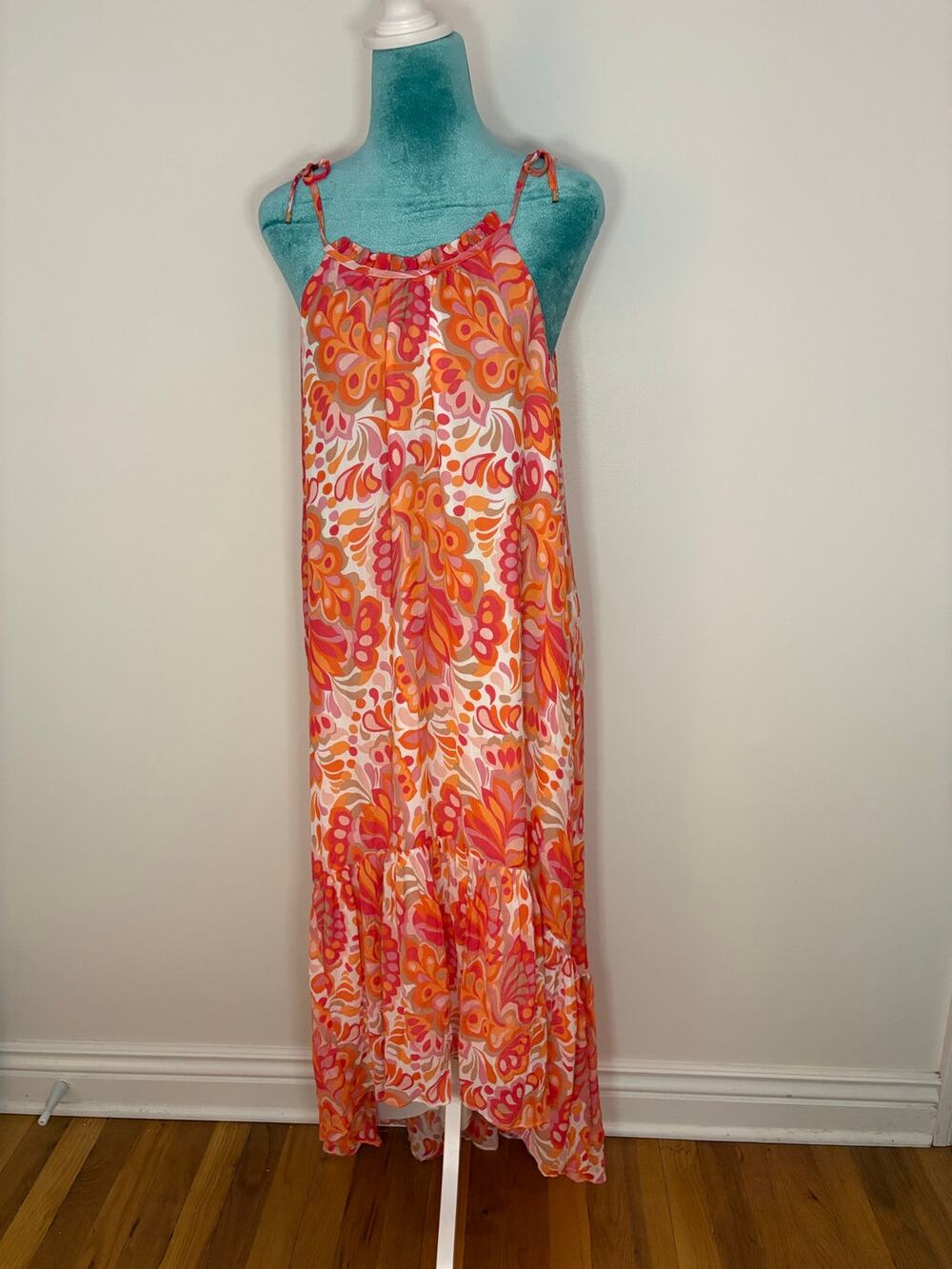 Trina Turk Maxi Dress Psychedelic Retro Paisley Ruffled Tie Strap Silk Boho